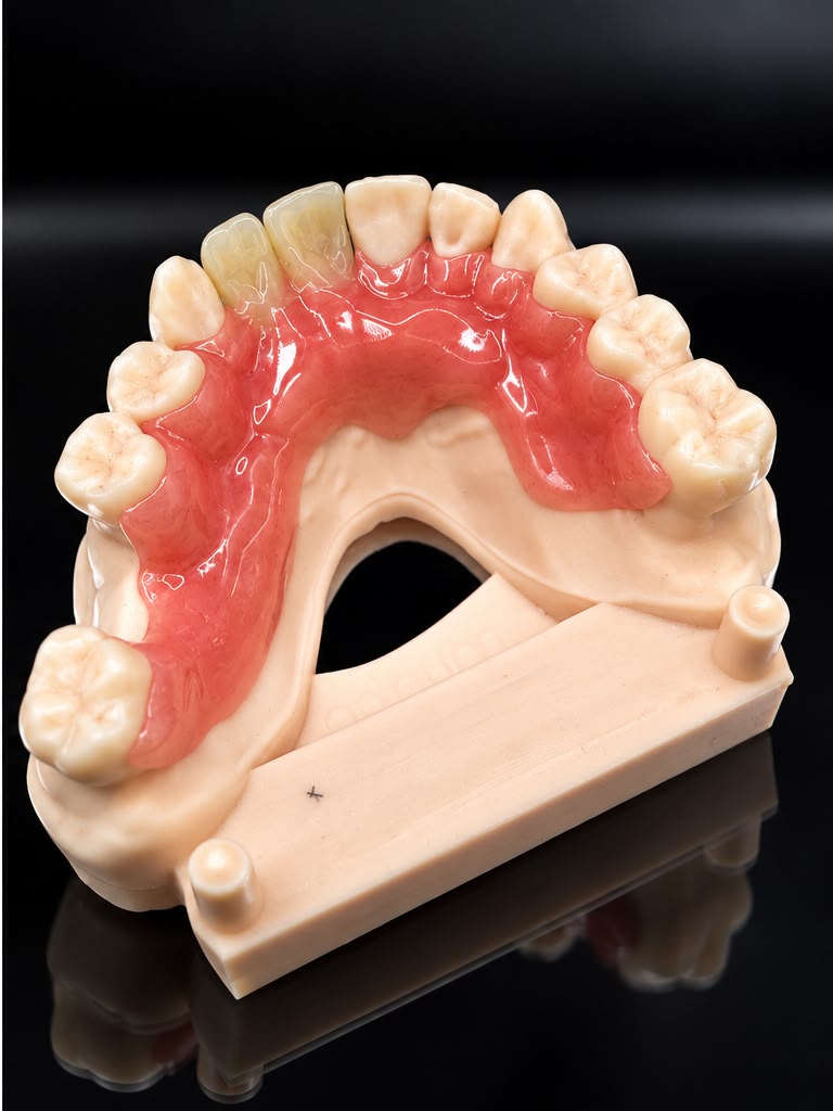Pink partial denture with replacement teeth on an upper dental model